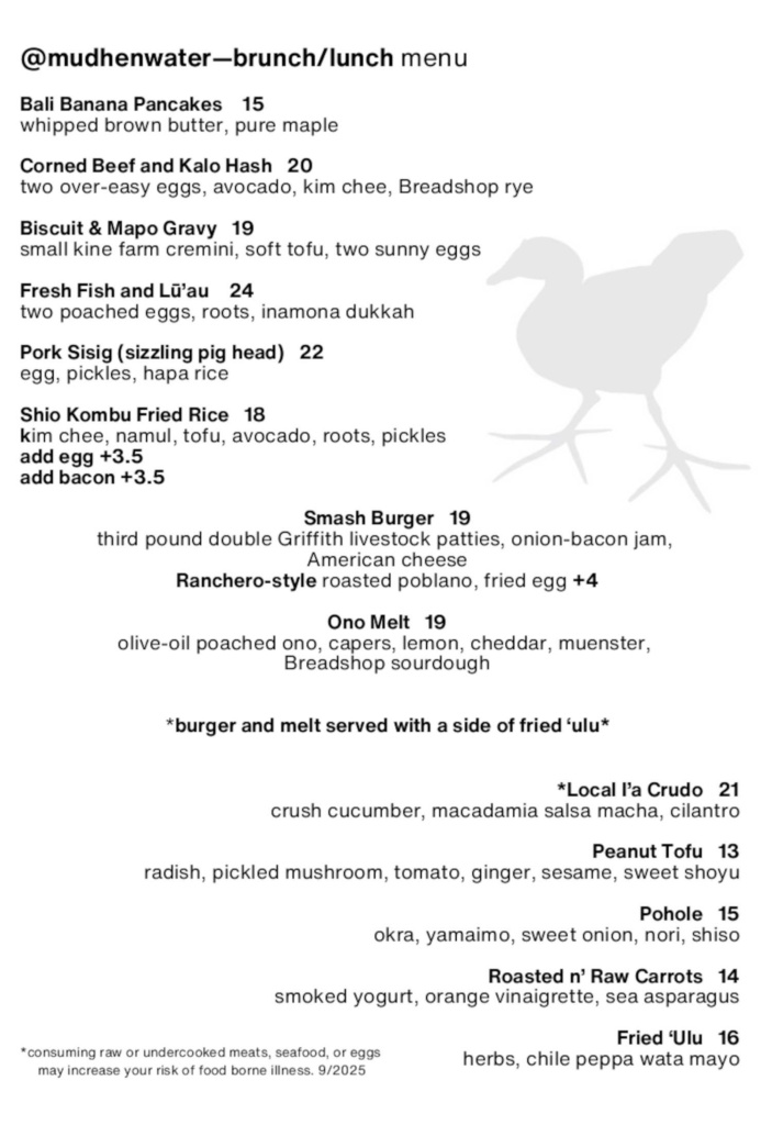 Mud Hen Water Brunch/Lunch Menu